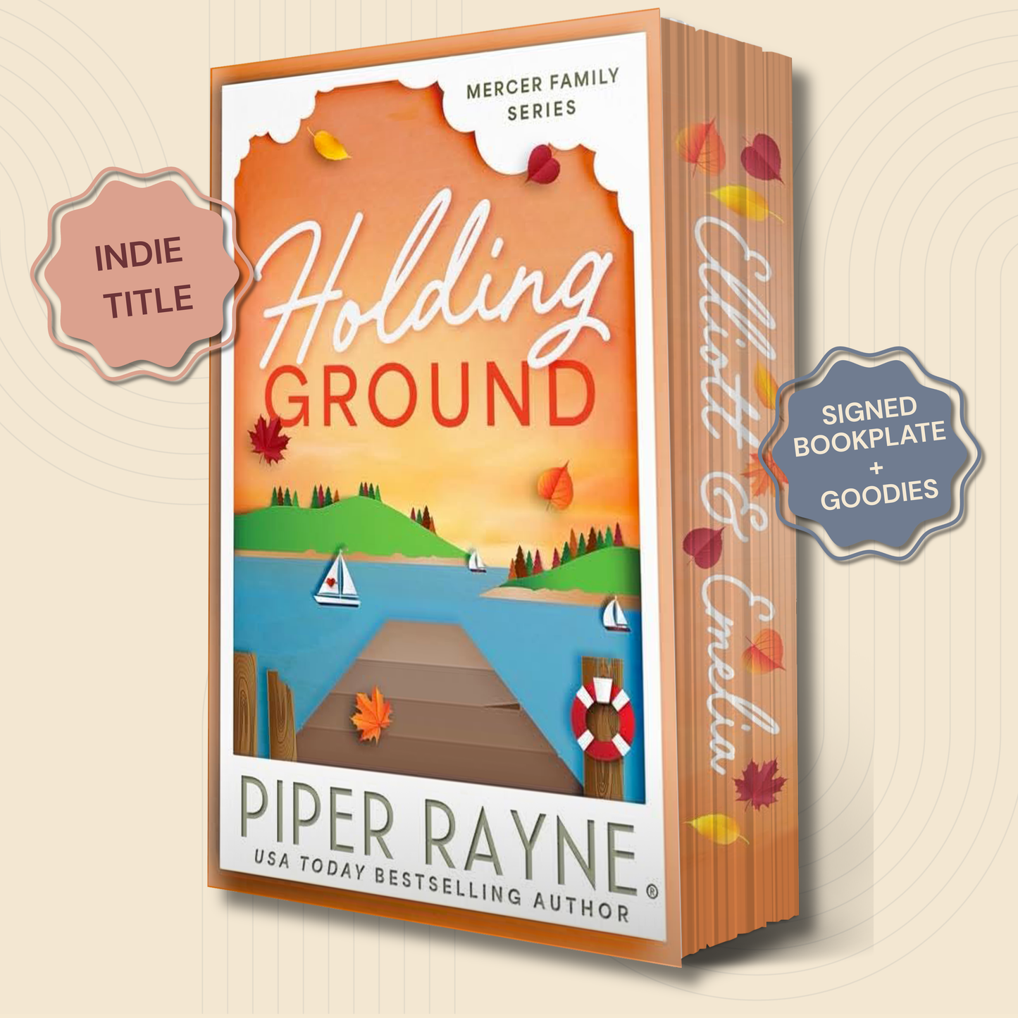 A 3D mockup of a book titled 'Holding Ground' by Piper Rayne, showing the front cover and spine. The cover features a stylized paper-cut illustration of a lakeside scene with a dock, autumn leaves, and a sunset sky.