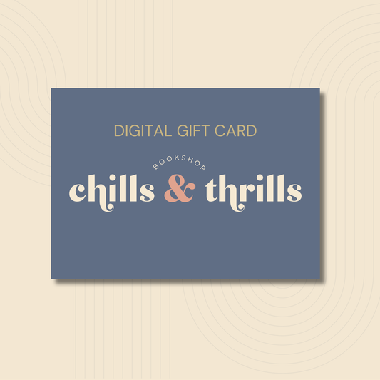 A digital gift card for 'chills & thrills bookshop' shown as a slate blue rectangle with cream and peach text on a light beige background with subtle concentric circle patterns.