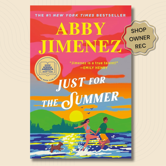 Just for the Summer book cover by Abbi Jimenez, featuring a vibrant sunset and beach scene with two people running in the water, a dog, and award badges, shown on a light beige background with a 'Shop Owner Rec' sticker overlay.