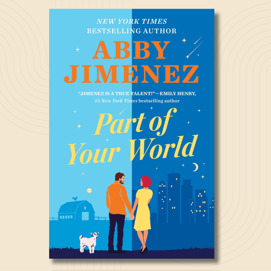 Book cover for 'Part of Your World' by Abby Jimenez, featuring a split blue background with a couple holding hands, a small dog, and city skyline illustrations, shown on a light beige background.