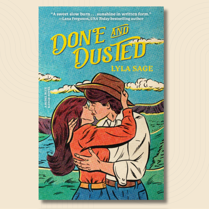 Book cover for 'Done and Dusted' by Lyla Sage, featuring a retro-style illustration of a couple embracing under a blue sky, set against a light beige background with subtle concentric circle patterns.