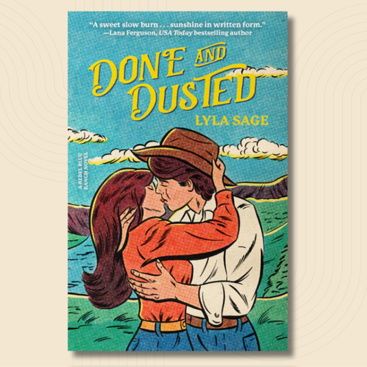 Book cover for 'Done and Dusted' by Lyla Sage, featuring a retro-style illustration of a couple embracing under a blue sky, set against a light beige background with subtle concentric circle patterns.