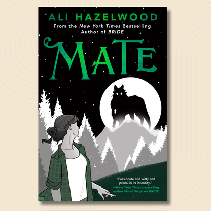 Book cover for the novel 'Mate' by Ali Hazelwood, featuring a black night sky, green title text, a wolf silhouette in a white moon, and a woman in profile wearing a green plaid jacket over a white top. The book is centered on a light beige background with subtle concentric circle patterns.