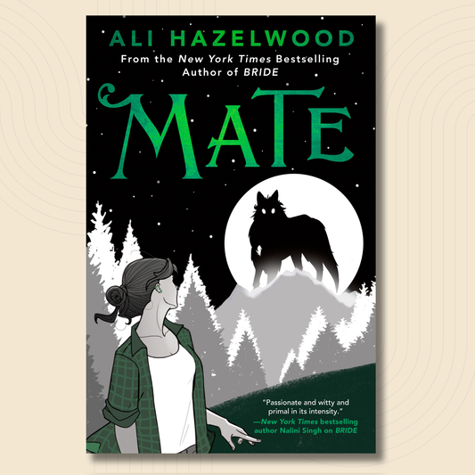 Book cover for the novel 'Mate' by Ali Hazelwood, featuring a black night sky, green title text, a wolf silhouette in a white moon, and a woman in profile wearing a green plaid jacket over a white top. The book is centered on a light beige background with subtle concentric circle patterns.