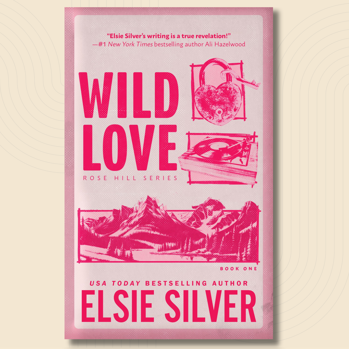 The book cover of 'Wild Love' by Elsie Silver, featuring a pink and white design with illustrations of a heart-shaped lock, a record player, and mountains, set against a light beige background with subtle concentric circle patterns.