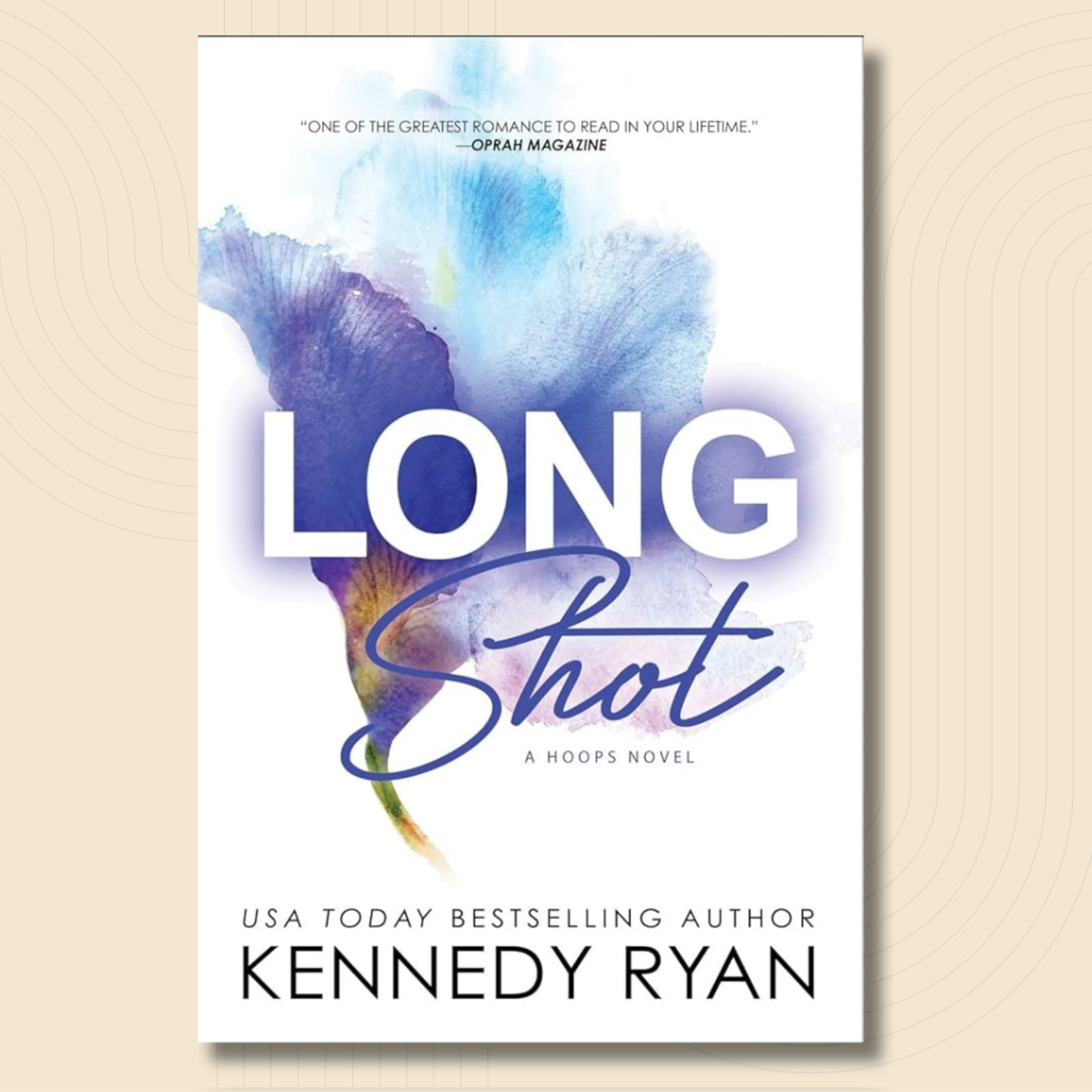 Book cover for 'Long Shot' by Kennedy Ryan, featuring a white background with a blue and purple watercolor floral design and the title in large white and blue lettering.