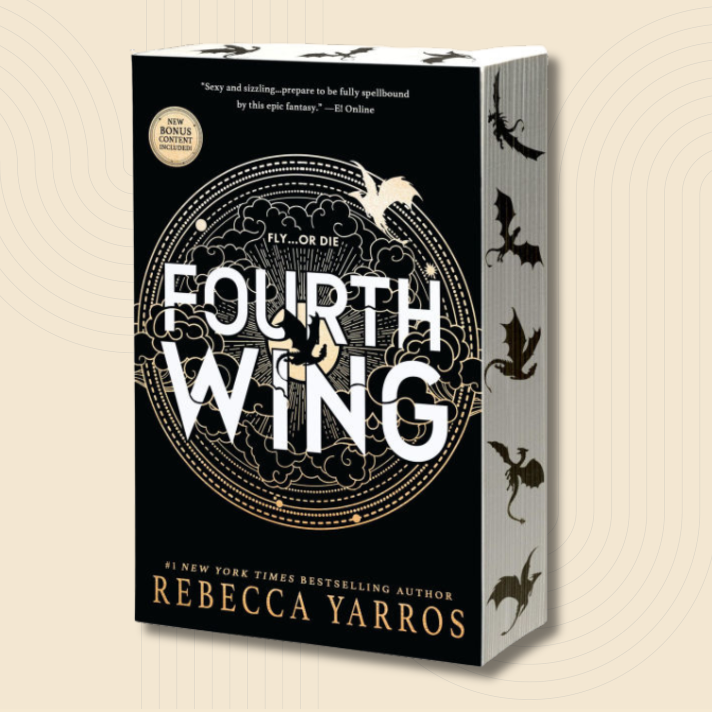 The book cover of 'Fourth Wing' by Rebecca Yarros, shown as a 3D box mockup on a light beige background with subtle concentric circle patterns. The cover is predominantly black with white title text, gold decorative details, and illustrations of dragons.