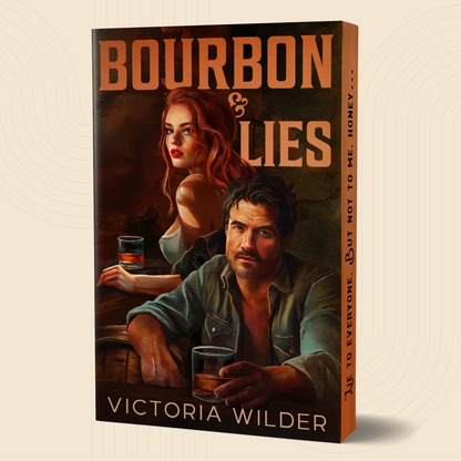 A 3D mockup of a book cover titled 'Bourbon & Lies' by Victoria Wilder, showing the front cover and spine against a light beige background with subtle concentric circle patterns.