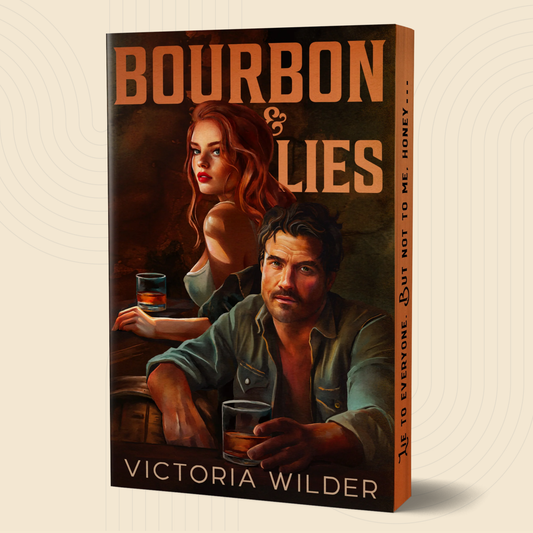 A 3D mockup of a book cover titled 'Bourbon & Lies' by Victoria Wilder, showing the front cover and spine against a light beige background with subtle concentric circle patterns.