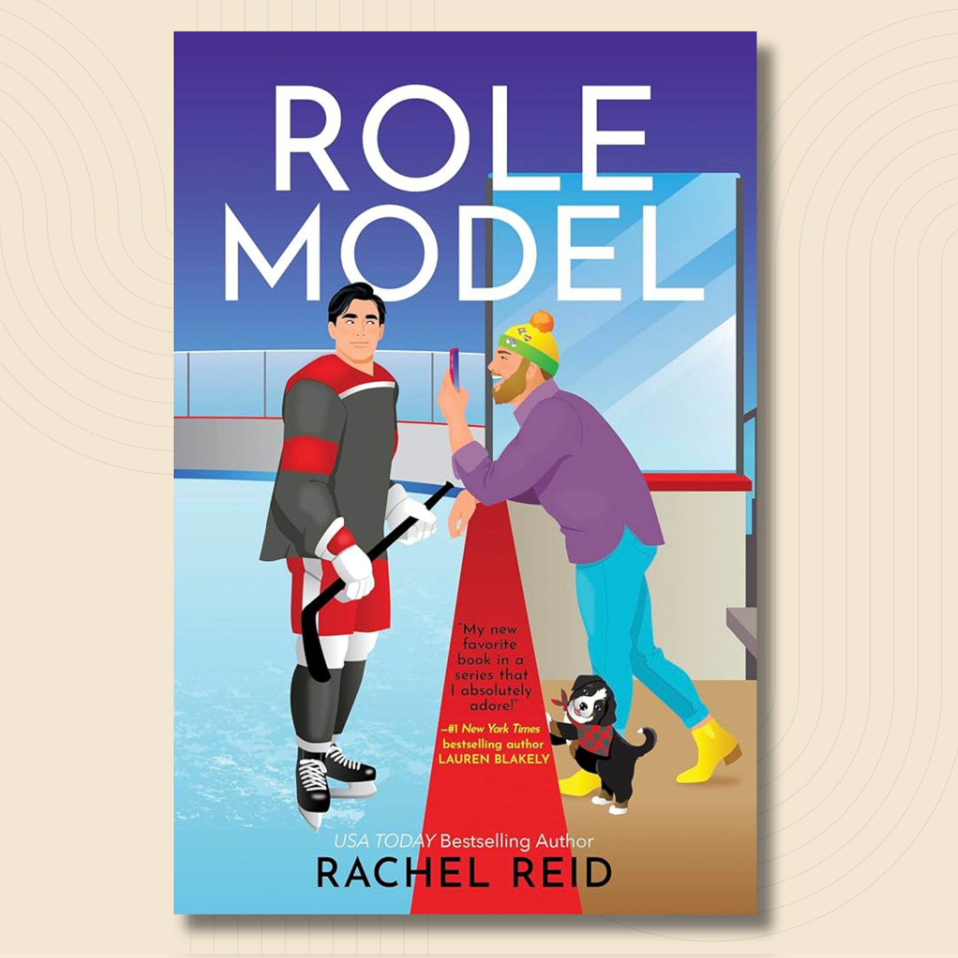Book cover for 'Role Model' by Rachel Reid, featuring an illustrated ice hockey scene with two people on the rink and a small dog, set against a purple-to-blue gradient background with bold white title text.