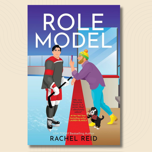 Book cover for 'Role Model' by Rachel Reid, featuring an illustrated ice hockey scene with two people on the rink and a small dog, set against a purple-to-blue gradient background with bold white title text.