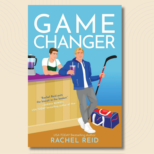 Book cover for 'Game Changer' by Rachel Reid, featuring a light blue background with white title text and an illustrated scene of a man holding a hockey stick near a basket, with a blue and red duffel bag on the floor.