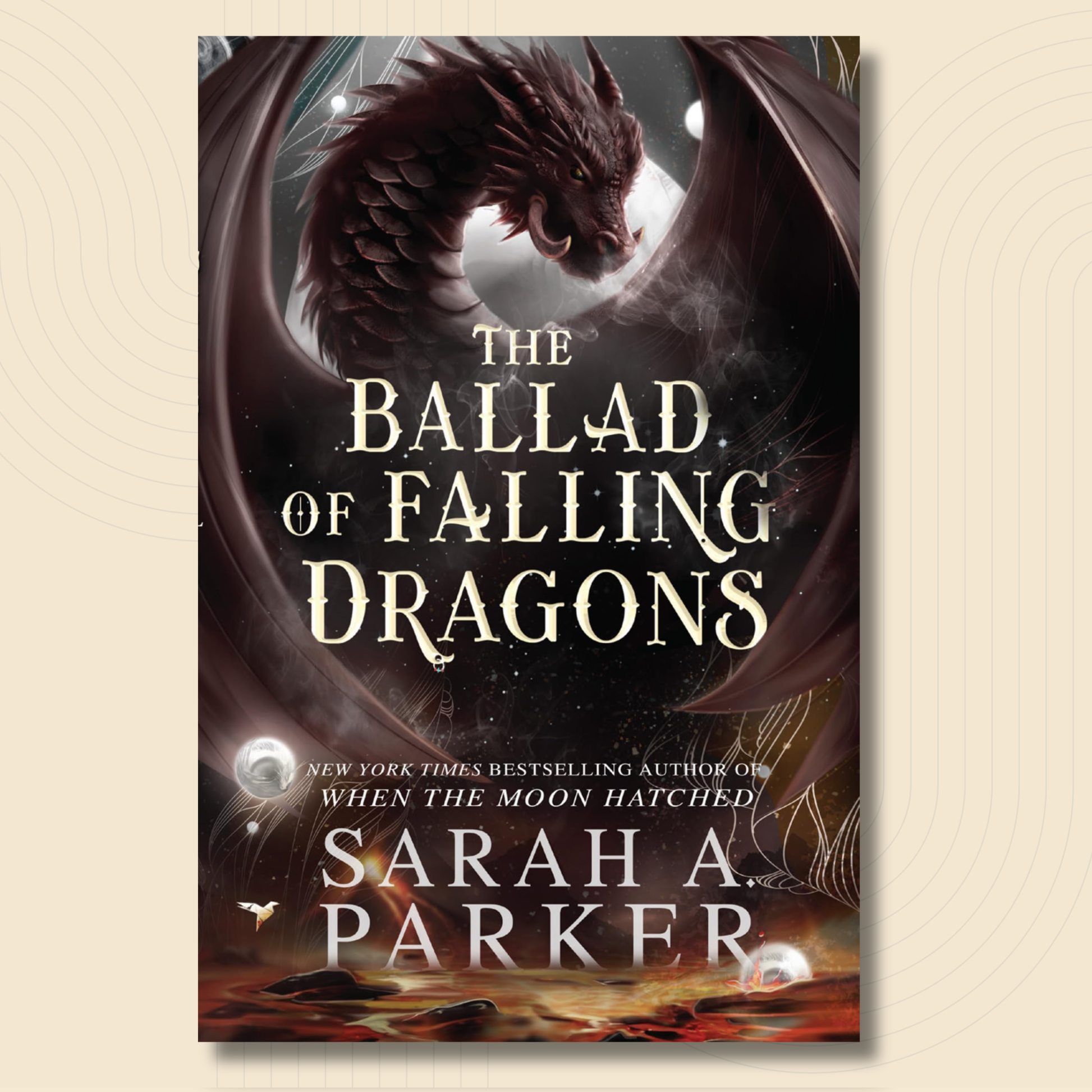 Book cover for 'The Ballad of Falling Dragons' by Sarah A. Parker, featuring a dark dragon in a crescent moon against a light background, with the title in large cream lettering and the author's name at the bottom.