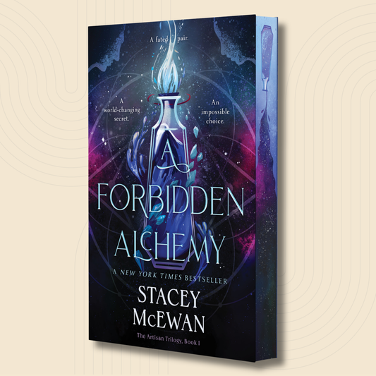The front and side of the book 'Forbidden Alchemy' by Stacey McEwan, featuring a dark cosmic cover with a glowing blue potion bottle and purple nebulae, shown on a light beige background with subtle concentric circle patterns.
