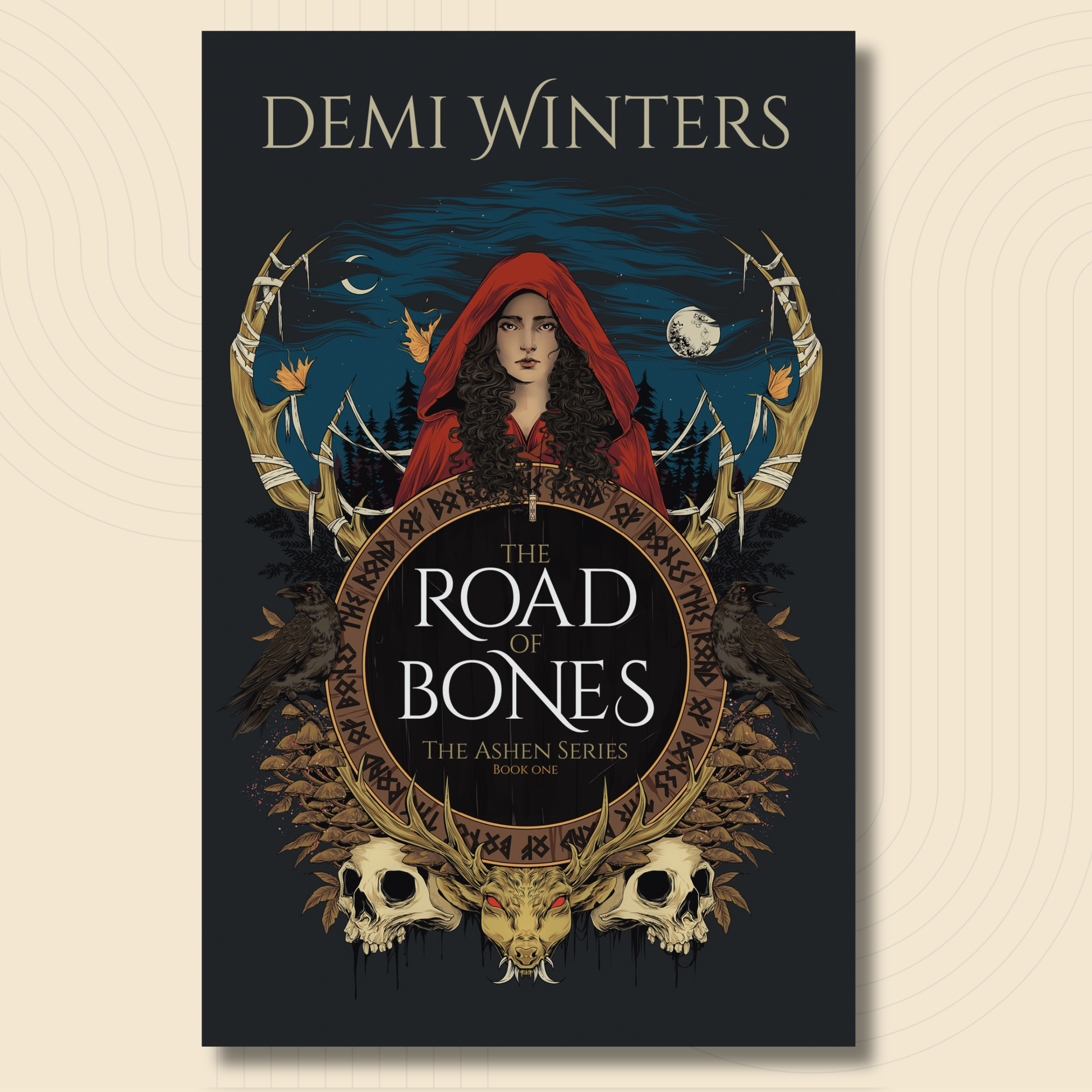 Book cover for 'The Road of Bones' by Demi Winters, featuring a dark fantasy illustration with a hooded figure in red, skulls, antlers, and a circular emblem on a beige background.