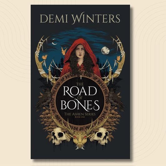 Book cover for 'The Road of Bones' by Demi Winters, featuring a dark fantasy illustration with a hooded figure in red, skulls, antlers, and a circular emblem on a beige background.