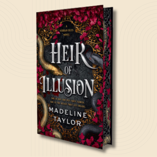 A 3D mockup of the book cover for 'Heir of Illusion' by Madeline Taylor, featuring a dark gothic design with red roses, black snakes, and gold filigree on a light beige background.