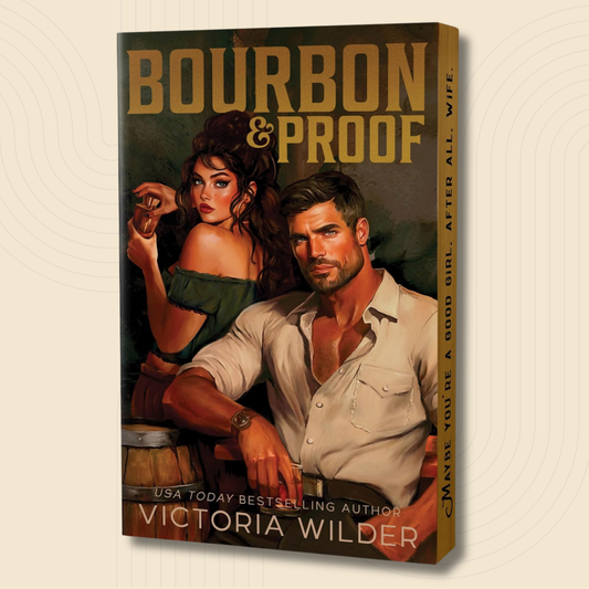 A 3D mockup of a book cover for 'Bourbon & Proof' by Victoria Wilder, showing a man and a woman in a vintage-style illustration on a beige background with subtle concentric circle patterns.