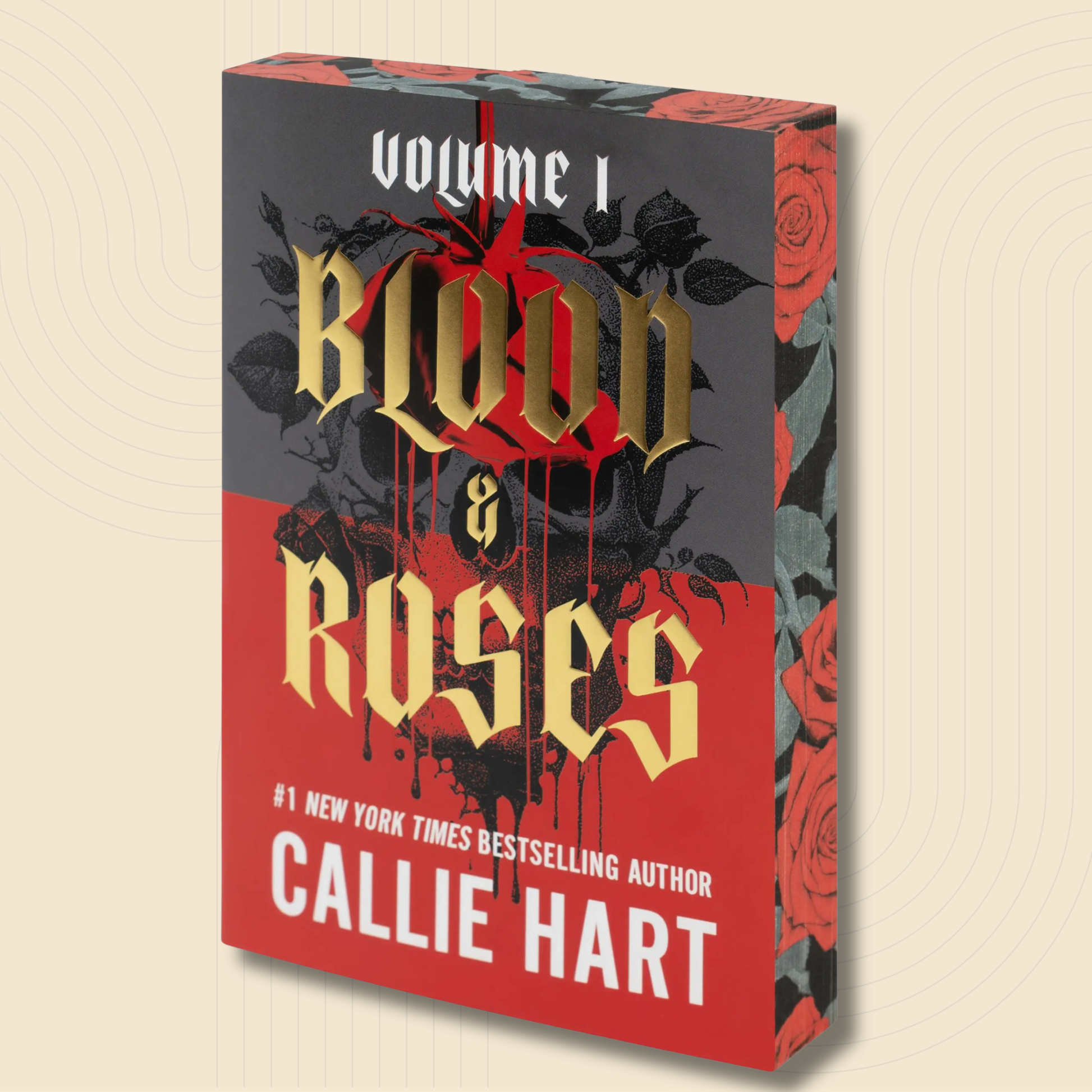 Book cover for 'Blood & Roses Volume 1' by Callie Hart, featuring a dark gray and red design with gold gothic lettering and red rose illustrations, shown as a 3D box mockup on a light beige background.
