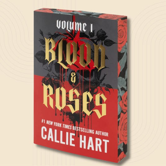 Book cover for 'Blood & Roses Volume 1' by Callie Hart, featuring a dark gray and red design with gold gothic lettering and red rose illustrations, shown as a 3D box mockup on a light beige background.