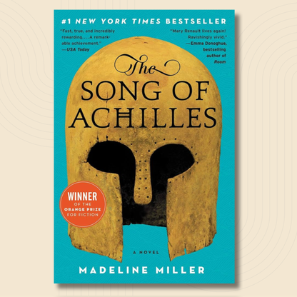The book cover of 'The Song of Achilles' by Madeline Miller, featuring a large golden helmet on a bright turquoise background with black typography and a red award badge.
