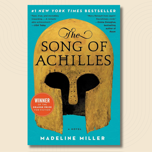 The book cover of 'The Song of Achilles' by Madeline Miller, featuring a large golden helmet on a bright turquoise background with black typography and a red award badge.