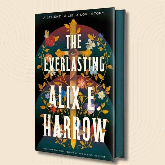The Everlasting book by Alix E. Harrow, shown as a 3D book mockup with a dark teal spine and cover featuring a colorful floral design and a cross on a beige background with subtle concentric circle patterns.