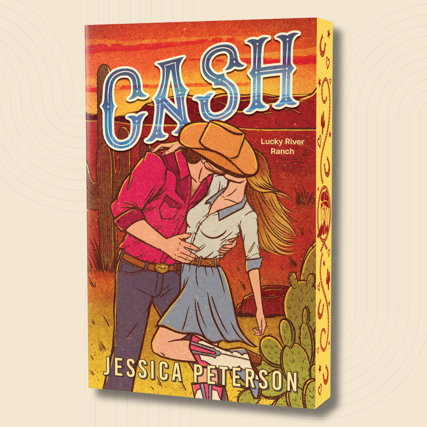 A 3D mockup of a book cover titled 'CASH' by Jessica Peterson, featuring a retro western illustration of a cowboy and cowgirl embracing in front of a sunset, set against a light beige background with a subtle concentric circle pattern.