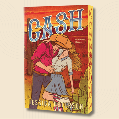 A 3D mockup of a book cover titled 'CASH' by Jessica Peterson, featuring a retro western illustration of a cowboy and cowgirl embracing in front of a sunset, set against a light beige background with a subtle concentric circle pattern.