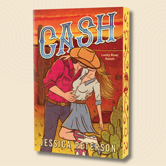 A 3D mockup of a book cover titled 'CASH' by Jessica Peterson, featuring a retro western illustration of a cowboy and cowgirl embracing in front of a sunset, set against a light beige background with a subtle concentric circle pattern.