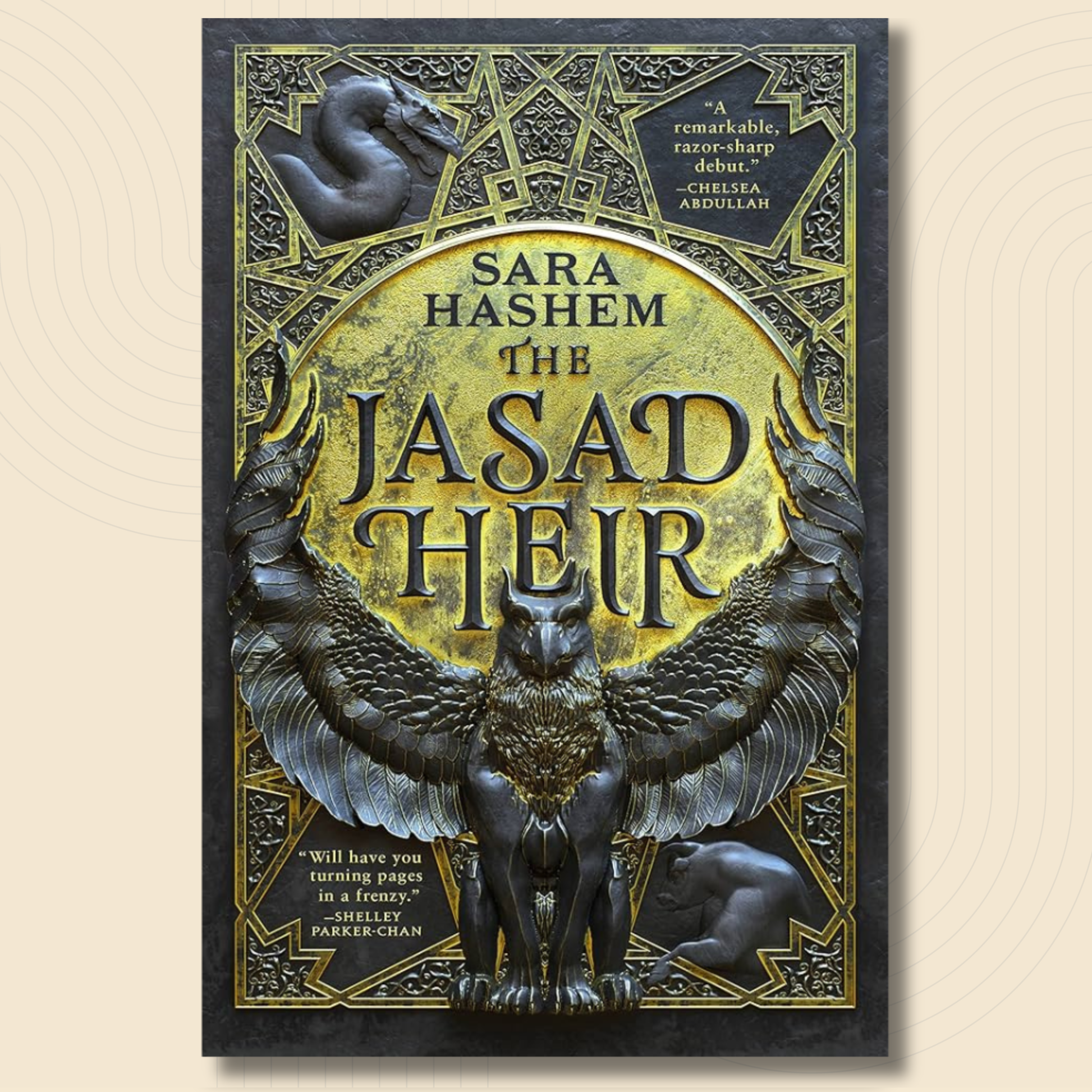 Book cover of 'The Jasad Heir' by Sara Hashem, featuring a dark gothic illustration of a winged griffin and sphinx on a gold circular background, centered on a light beige textured backdrop.