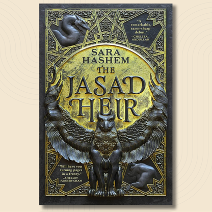 Book cover of 'The Jasad Heir' by Sara Hashem, featuring a dark gothic illustration of a winged griffin and sphinx on a gold circular background, centered on a light beige textured backdrop.
