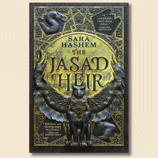 Book cover of 'The Jasad Heir' by Sara Hashem, featuring a dark gothic illustration of a winged griffin and sphinx on a gold circular background, centered on a light beige textured backdrop.