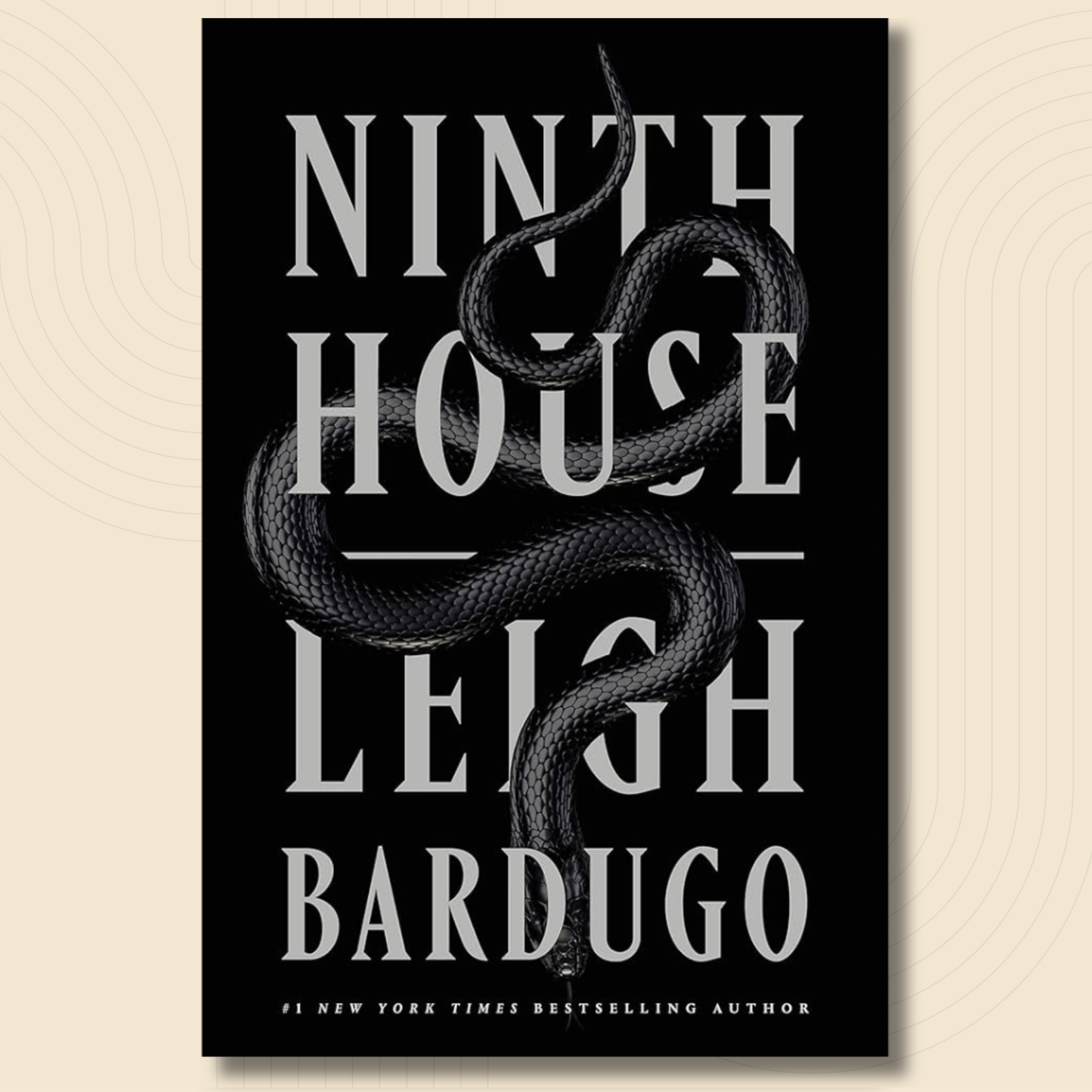 Book cover for 'Ninth House' by Leigh Bardugo, featuring a black background with large white serif title text and a dark coiled snake illustration running through the center.