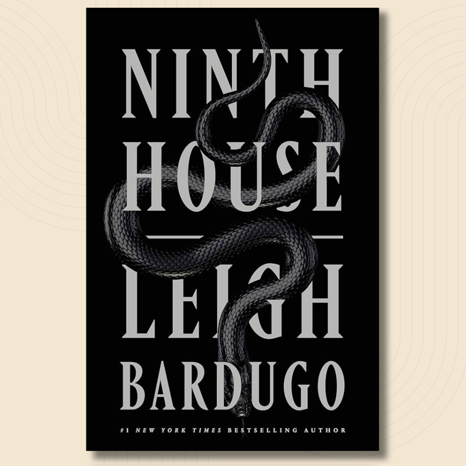 Book cover for 'Ninth House' by Leigh Bardugo, featuring a black background with large white serif title text and a dark coiled snake illustration running through the center.