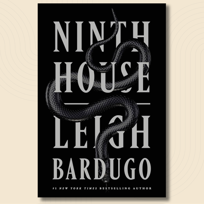 Book cover for 'Ninth House' by Leigh Bardugo, featuring a black background with large white serif title text and a dark coiled snake illustration running through the center.