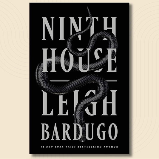 Book cover for 'Ninth House' by Leigh Bardugo, featuring a black background with large white serif title text and a dark coiled snake illustration running through the center.