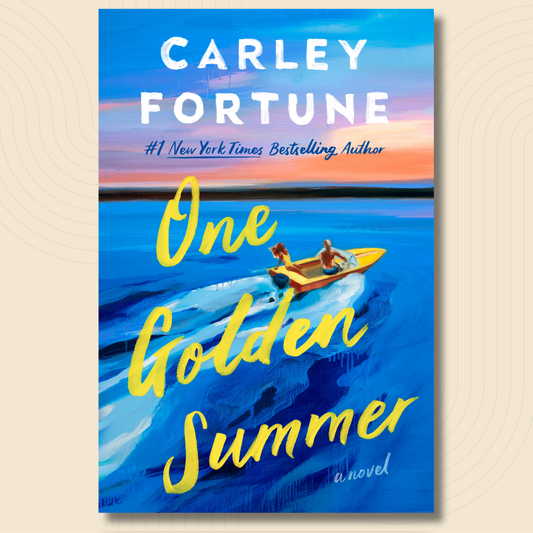 Book cover for the novel 'One Golden Summer' by Carley Fortune, featuring an artistic blue water scene with a small yellow boat and large yellow title text, set against a light beige background with subtle concentric circle patterns.