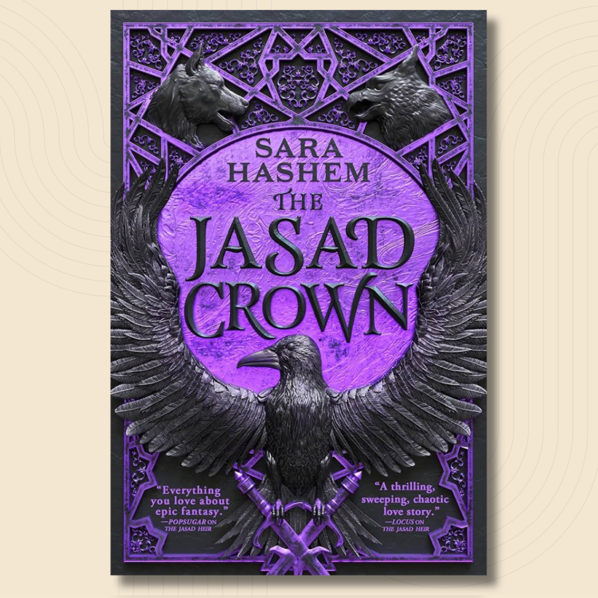 Book cover for 'The Jasad Crown' by Sara Hashem, featuring a black raven with outstretched wings against a vibrant purple circular background and ornate purple geometric border, centered on a light beige background.