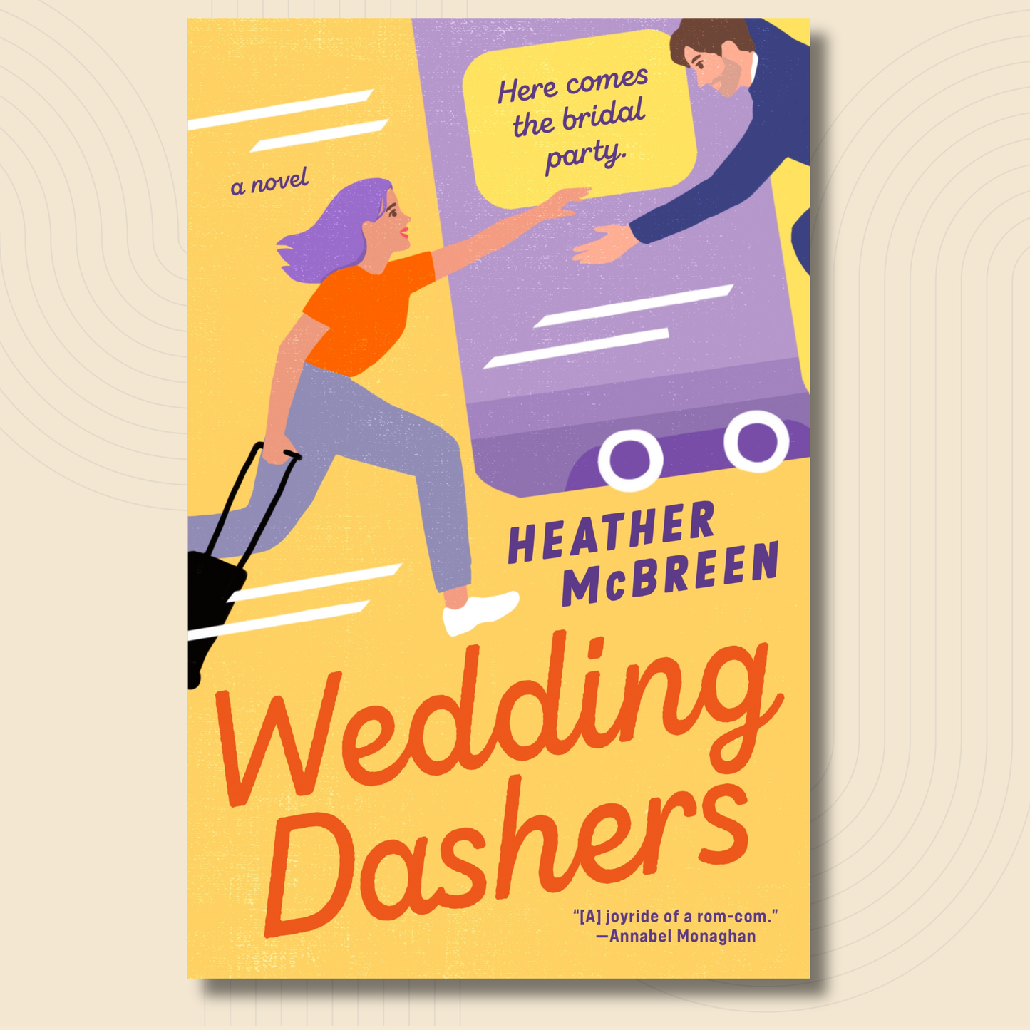 Book cover for the novel 'Wedding Dashers' by Heather McBreen, featuring a bright yellow background with an illustrated woman in an orange top and gray pants reaching from a purple car, and a man in a navy suit reaching out. The title is written in large orange-red letters at the bottom.