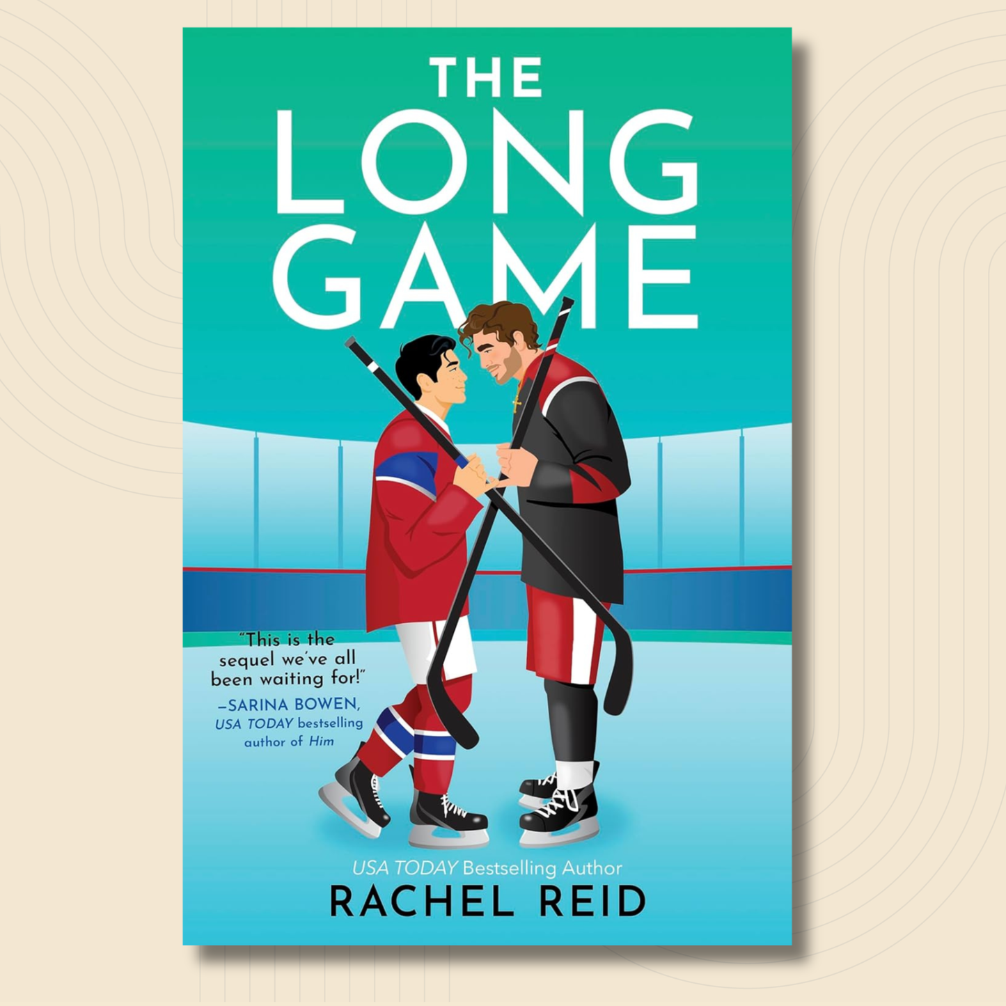 Book cover for 'The Long Game' by Rachel Reid, featuring an illustrated hockey scene with two players facing each other on the ice. The cover has a teal-to-light-blue gradient background with bold white title text and black author text, shown against a light beige background with subtle concentric circle patterns.