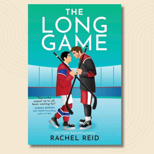 Book cover for 'The Long Game' by Rachel Reid, featuring an illustrated hockey scene with two players facing each other on the ice. The cover has a teal-to-light-blue gradient background with bold white title text and black author text, shown against a light beige background with subtle concentric circle patterns.