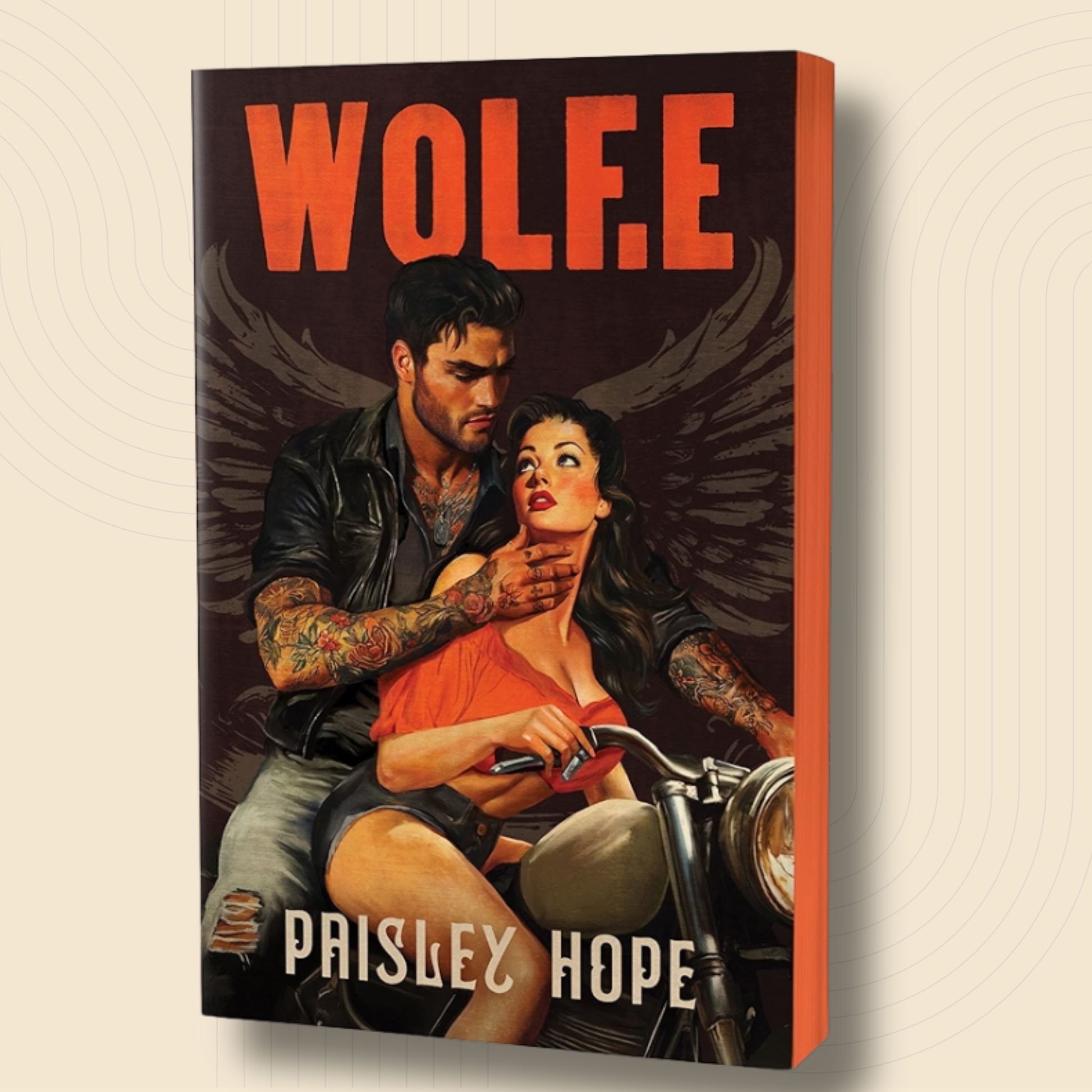 A rectangular book or box cover shown at a slight angle against a light beige background. The cover features illustrated artwork of a tattooed man and a woman on a motorcycle, with the large title 'WOLFE' at the top and 'PRISLEY HOPE' at the bottom.