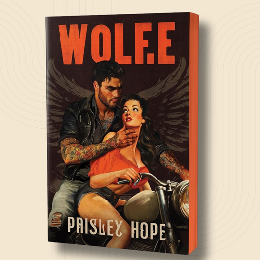 A rectangular book or box cover shown at a slight angle against a light beige background. The cover features illustrated artwork of a tattooed man and a woman on a motorcycle, with the large title 'WOLFE' at the top and 'PRISLEY HOPE' at the bottom.