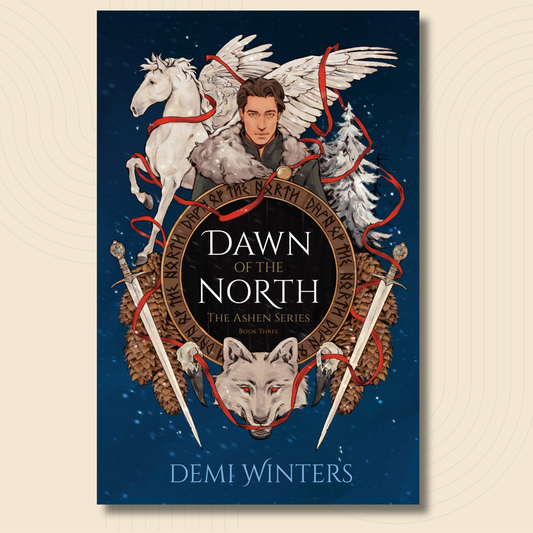 Book cover for 'Dawn of the North' by Demi Winters, featuring a dark blue background with a central emblem, a white horse, a winged figure, a wolf head, and crossed swords.