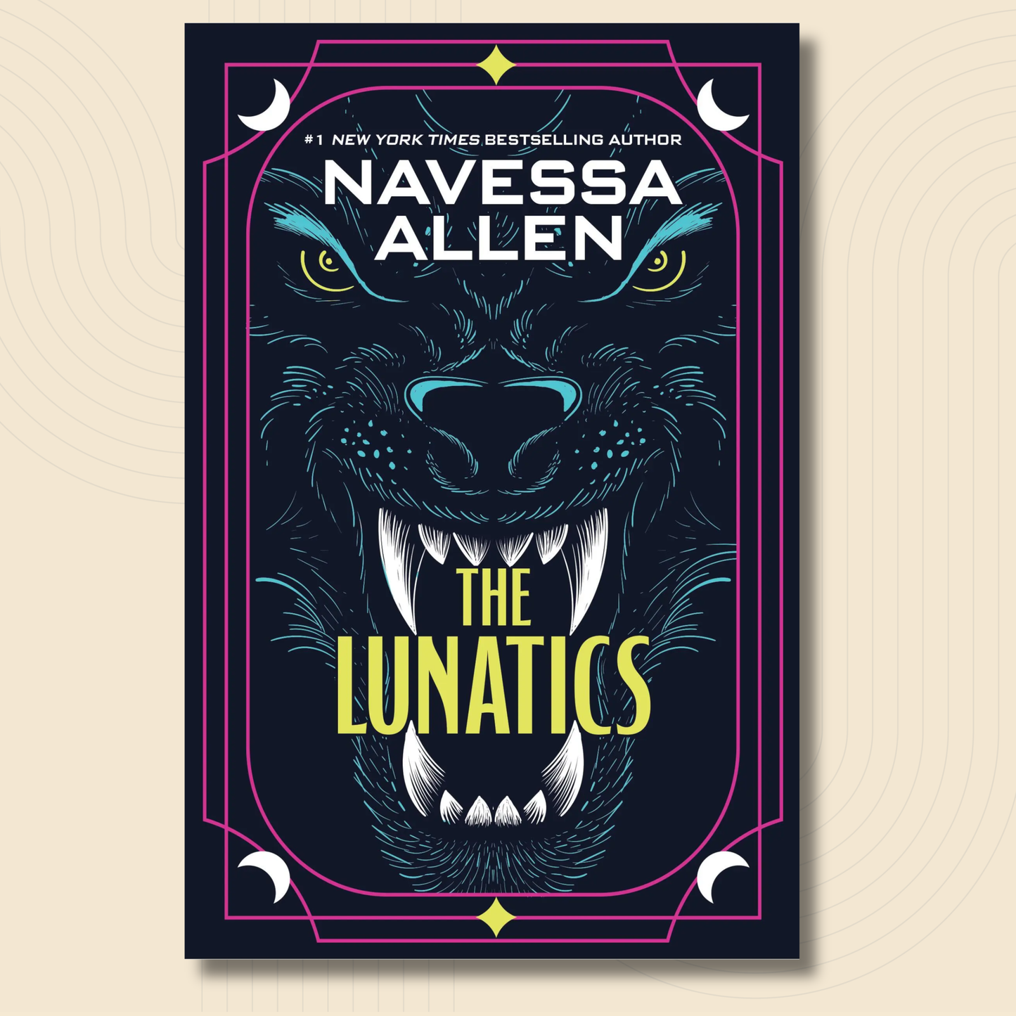 Book cover for 'The Lunatics' by Navessa Allen, featuring a stylized illustration of a snarling werewolf in dark blue and black tones with neon pink border accents and yellow title text, shown against a light beige background.