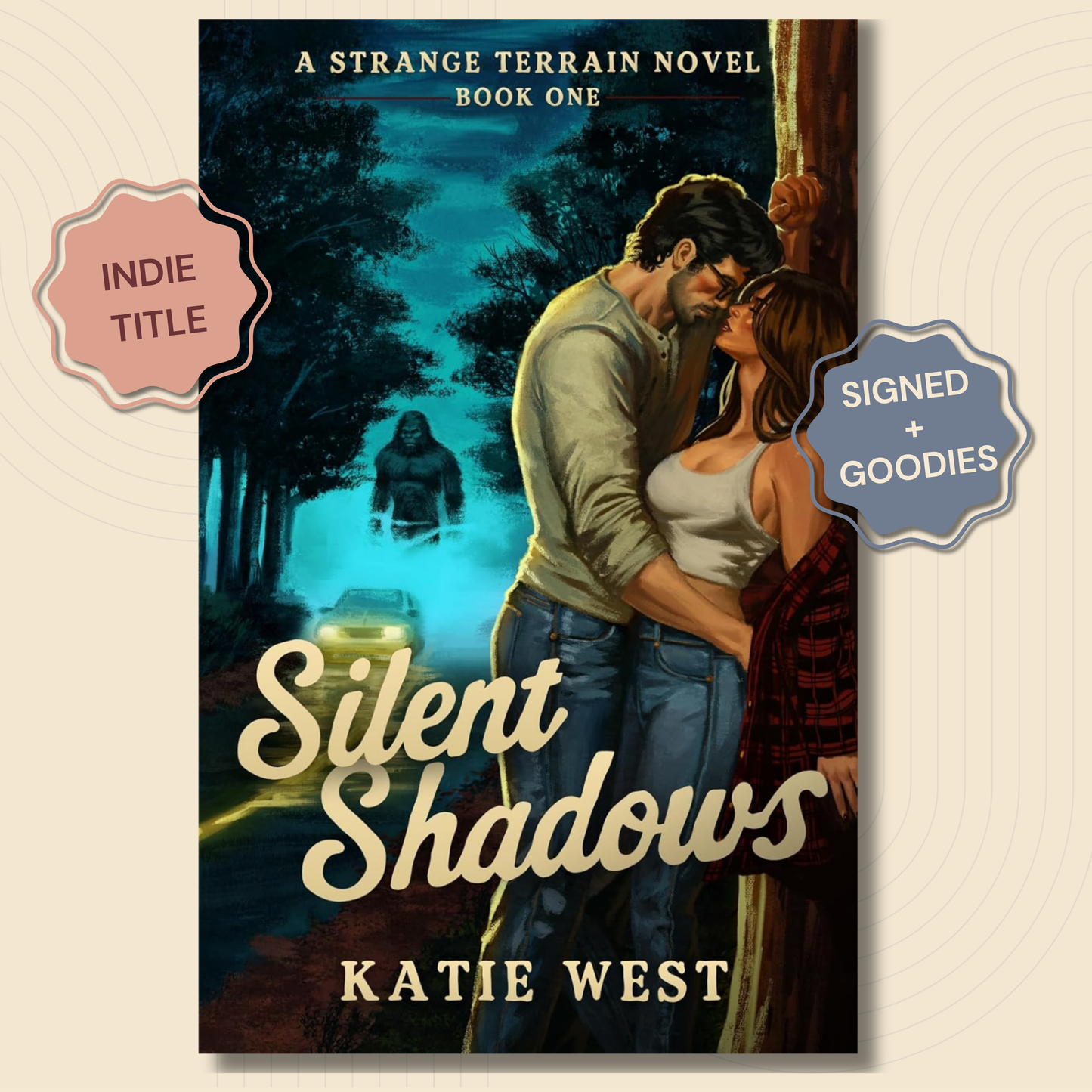 Book cover for 'Silent Shadows' by Katie West, shown as a vertical novel cover with a couple embracing in a dark forest at night and a glowing figure in the distance. Two decorative badges on the sides read 'INDIE TITLE' and 'SIGNED + GOODIES'.