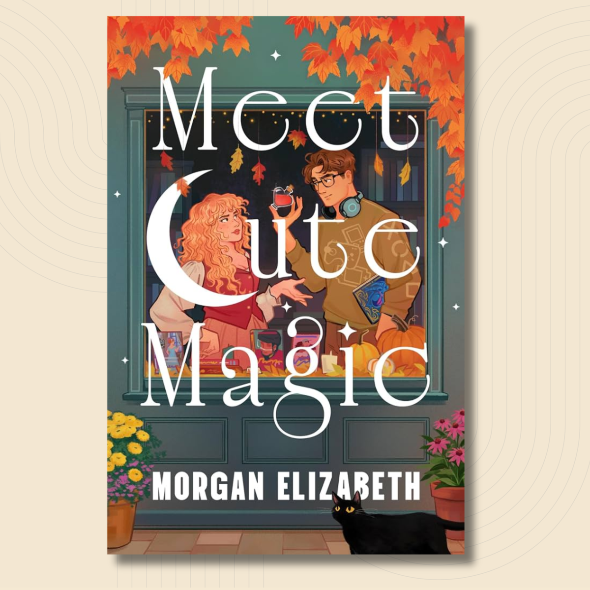 Book cover for 'Meet Cute Magic' by Morgan Elizabeth, featuring an autumn-themed illustration of a girl and boy sharing a moment outside a window, with orange leaves, flowers, and a black cat on a beige background.