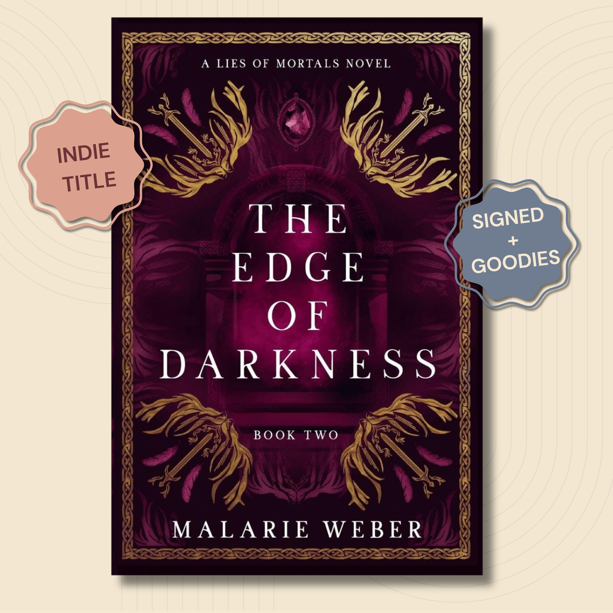 Book cover for 'The Edge of Darkness' by Malarie Weber, a Lies of Mortals novel. The cover features a dark purple gothic design with gold wing-like illustrations and white text.
