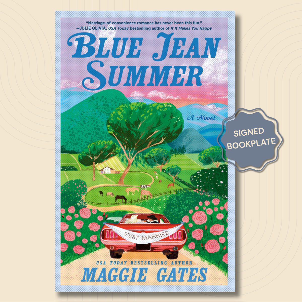 Book cover for the novel 'Blue Jean Summer' by Maggie Gates, shown as a square product image with a beige background and a gray 'SIGNED BOOKPLATE' badge. The cover features a colorful retro illustration of a country landscape with green hills, pink flowers, and a red car.